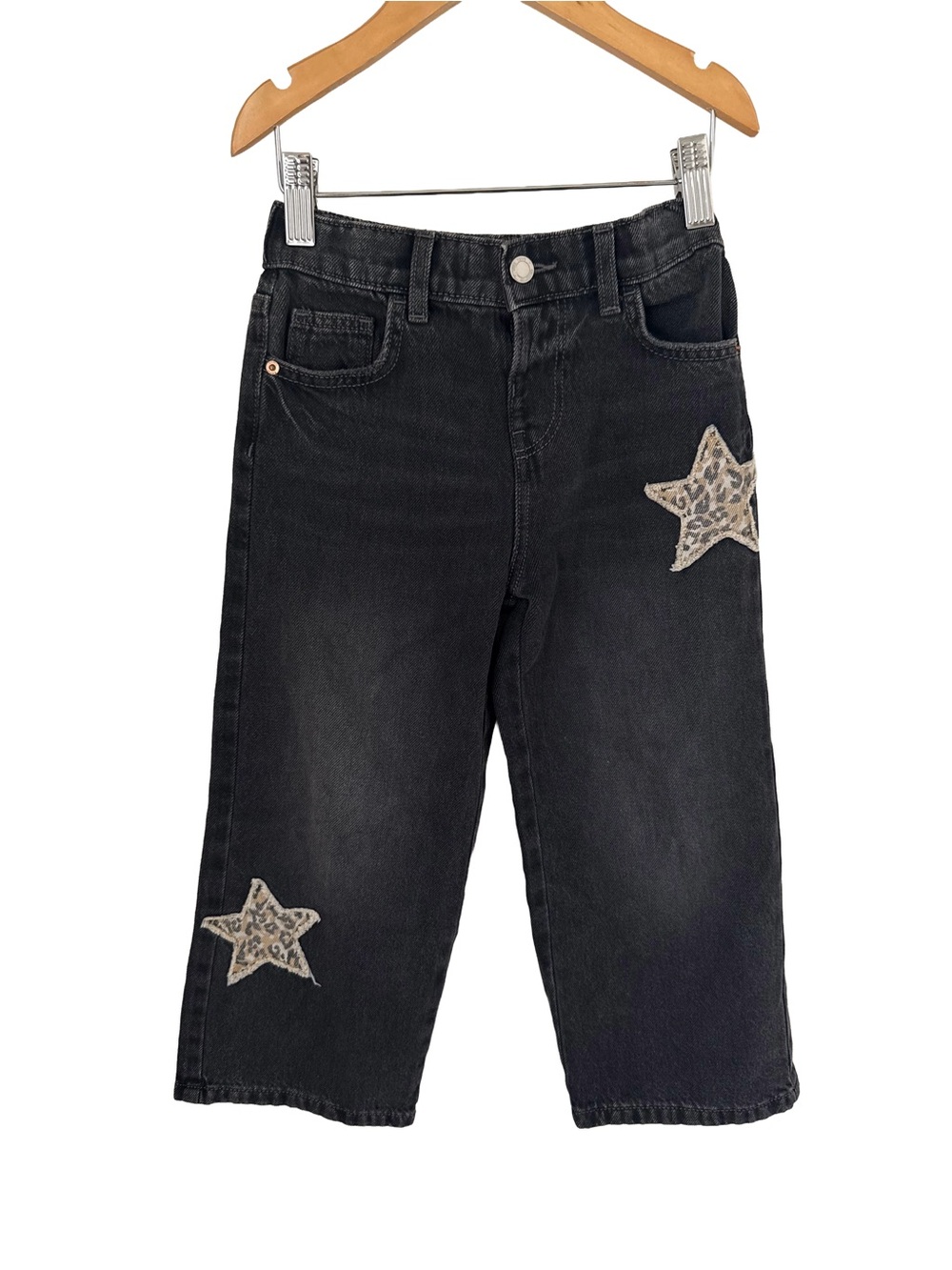 Zara Black Denim Barrel Jeans with Leopard Star Appliqués Size 6